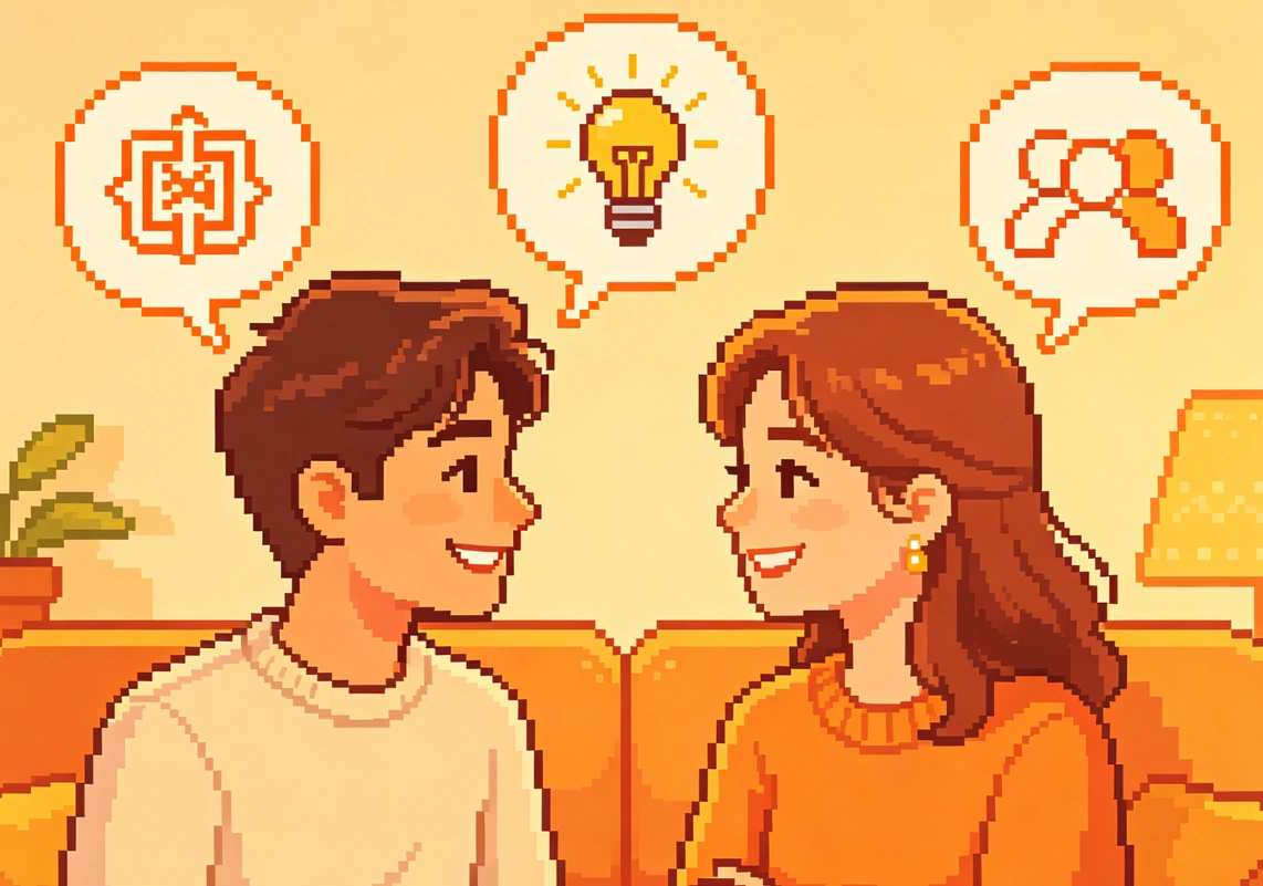 Young couple discussing MBTI compatibility test results while on a road trip, using cognitive function insights to improve their communication patterns