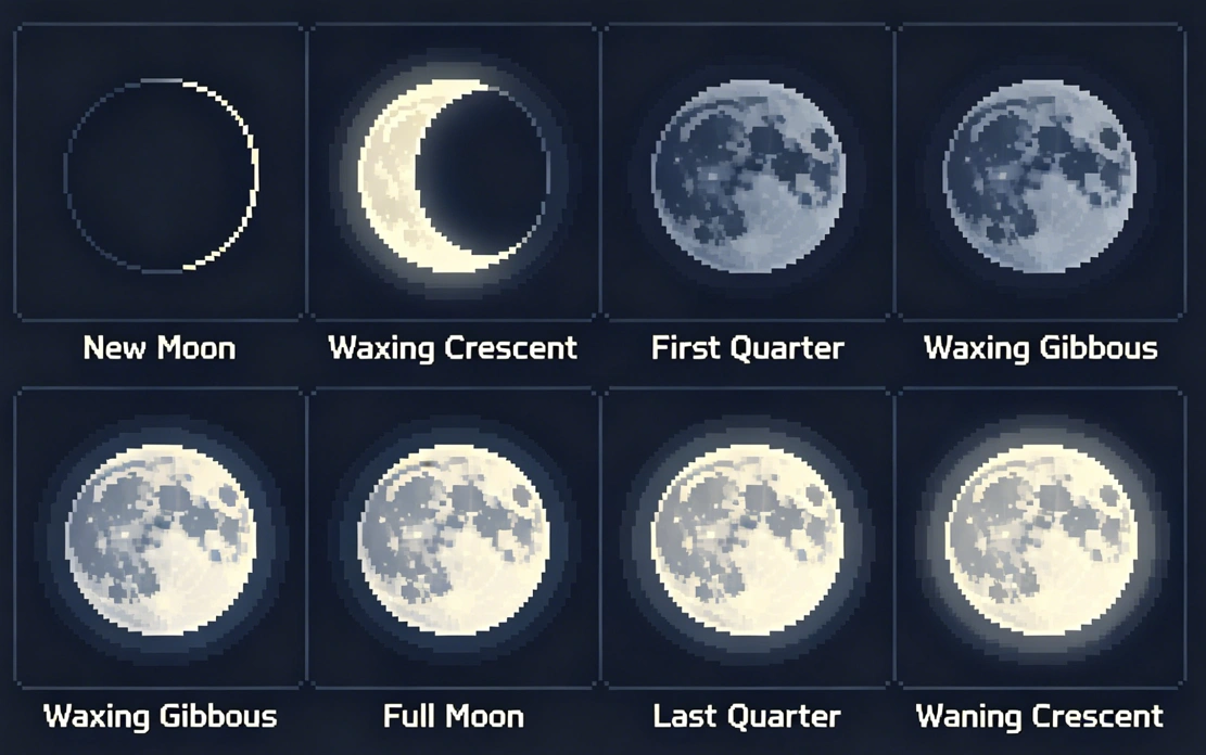 Eight moon phases in the lunar cycle showing waxing and waning progression for moon phase compatibility test