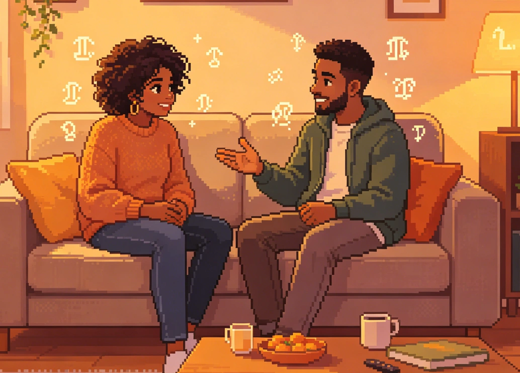 Couple discussing zodiac compatibility insights in a relationship conversation