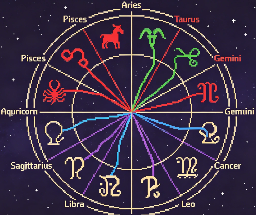 Zodiac wheel showing compatible and challenging sign pairings across the astrological chart